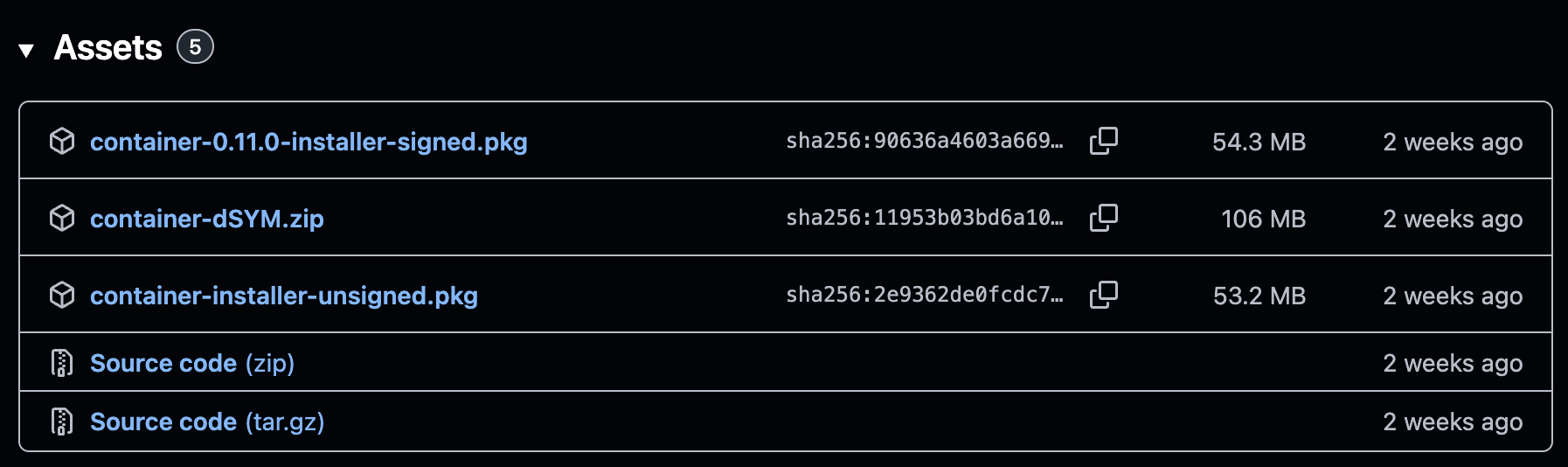 Apple container release assets