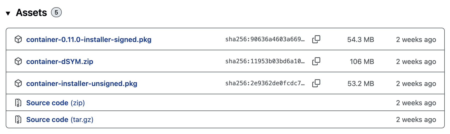 Apple container release assets